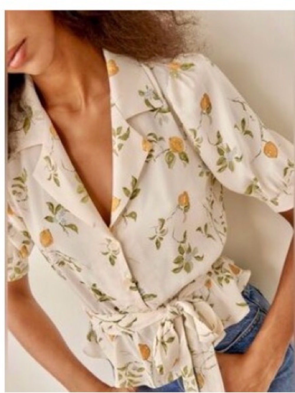 Reformation Cream Blouse with Yellow Lemon Print